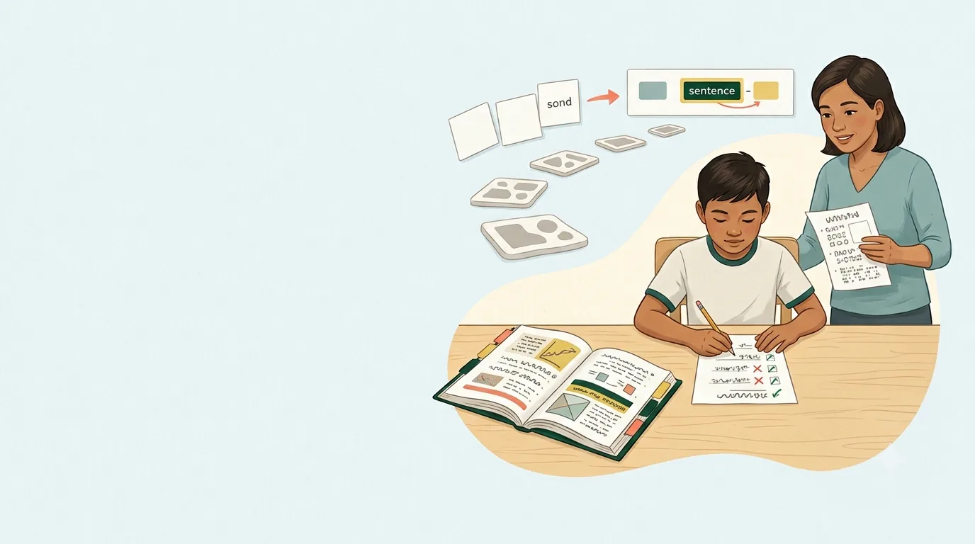 Magulang o guro na gumagabay sa mag-aaral habang gumagamit ng workbook at printable worksheet