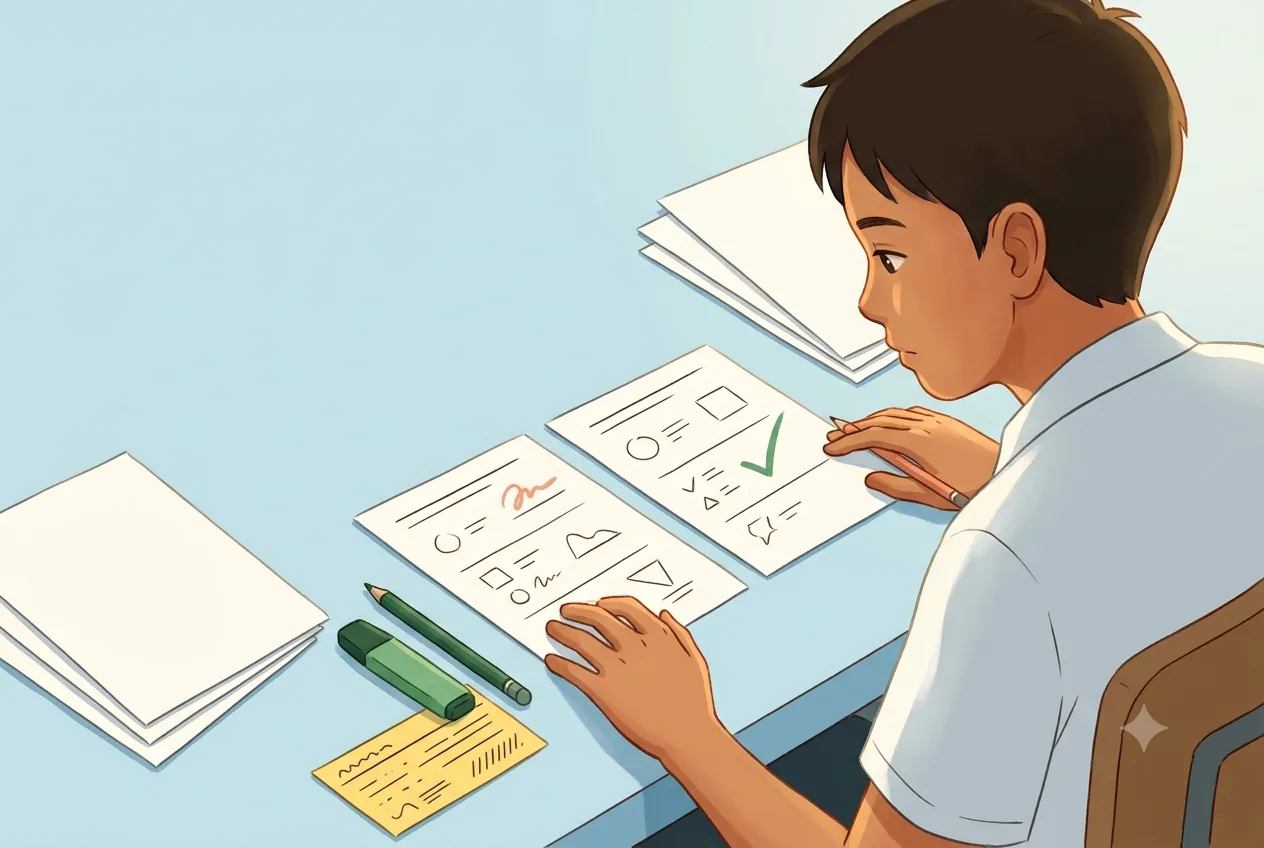 Mag-aaral na nagrereview ng practice sheet na may check mark at correction