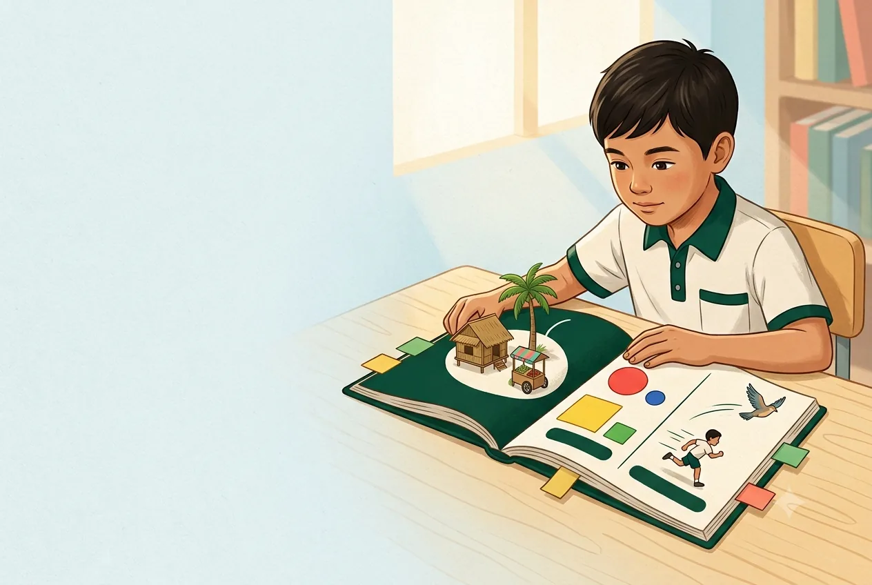 Mag-aaral na nag-eexplore ng Filipino grammar workbook gamit ang larawan, bagay, kulay, at kilos