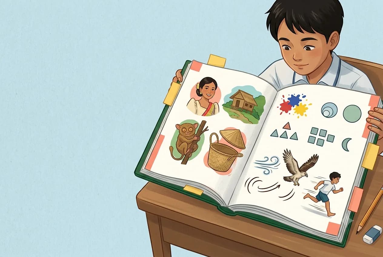 Mag-aaral na tumitingin sa visual workbook na may larawan ng tao, lugar, hayop, bagay, kulay, hugis, at kilos